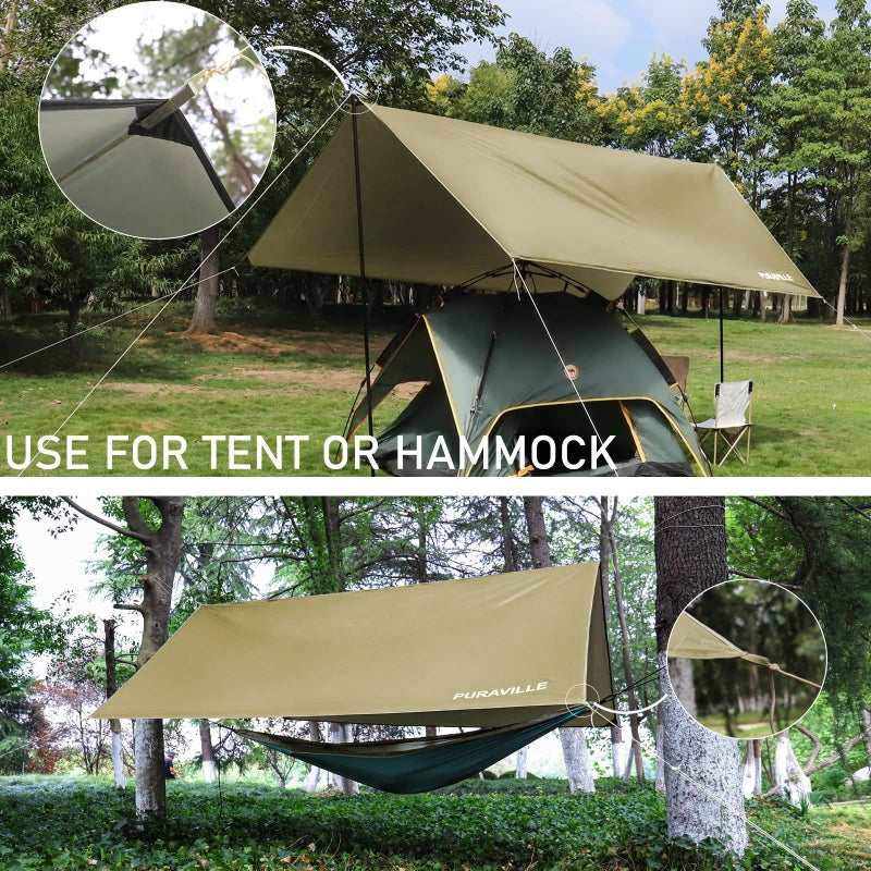 Puraville 10x10 ft Rectangle Lightweight Camping Tarps  Portable Waterproof Hammock Rain Fly Tent Tarp for Camping Backpacking  Khaki - Image 2